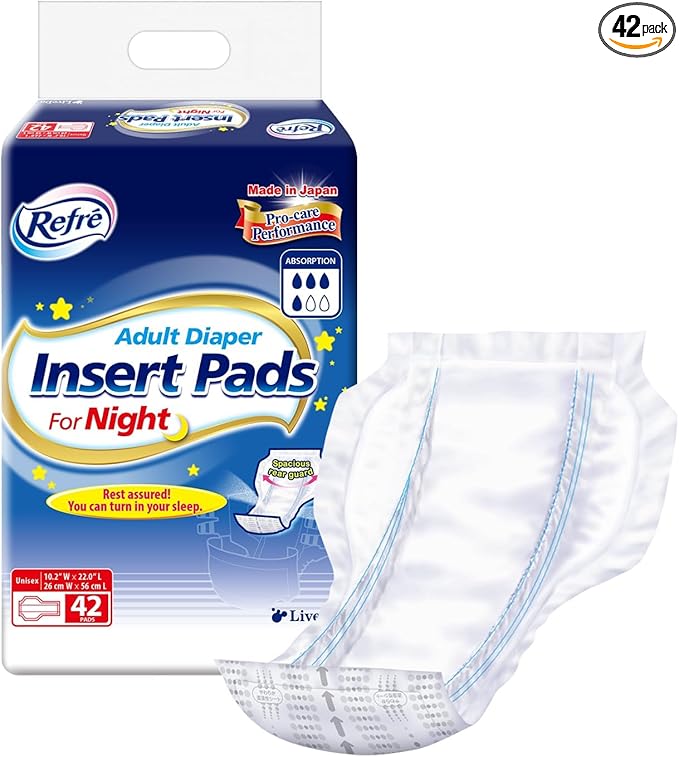 Refré Adult Diaper Insert Pads for Night - Unisex Booster Liners for Tabbed Briefs with Odor Control &amp Leak Protection - 600cc Absorbent Incontinence Pads 11x19.3 (42 Count)