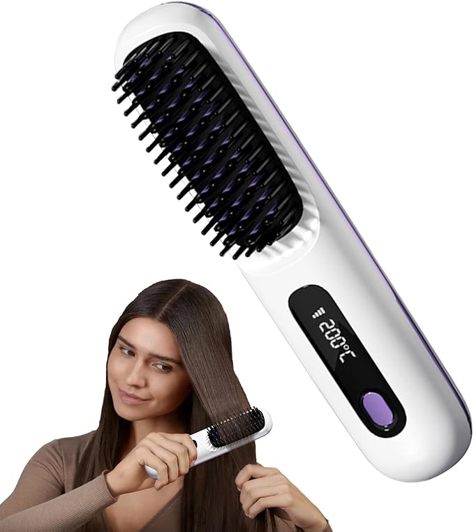 Heat Hair Straightener Brush Heat Brush for Hair Styling Rechargeable Cordless Digital Display Portable Straightening Brushs for Women for Women Long Short Straightening Curling Home Office Hotel
