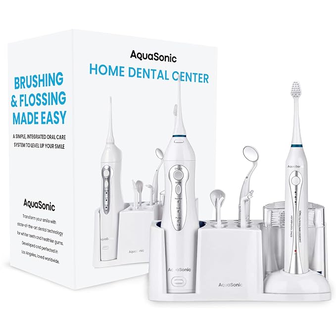 AquaSonic Home Dental Center Rechargeable Power Toothbrush &amp Smart Water Flosser - Complete Family Oral Care System - 10 Attachments and Tips Included - Various Modes &amp Timers (White)