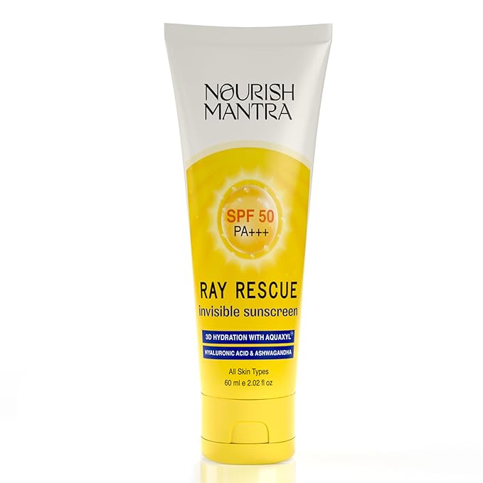 NOURISH MANTRA Ray Rescue Sunscreen/Sunscreen SPF 50/ With Hyaluronic Acid Aquaxyl Aloe Vera Extracts &amp Ashwagandha Extracts/No White Cast (60 ml (Pack of 1))