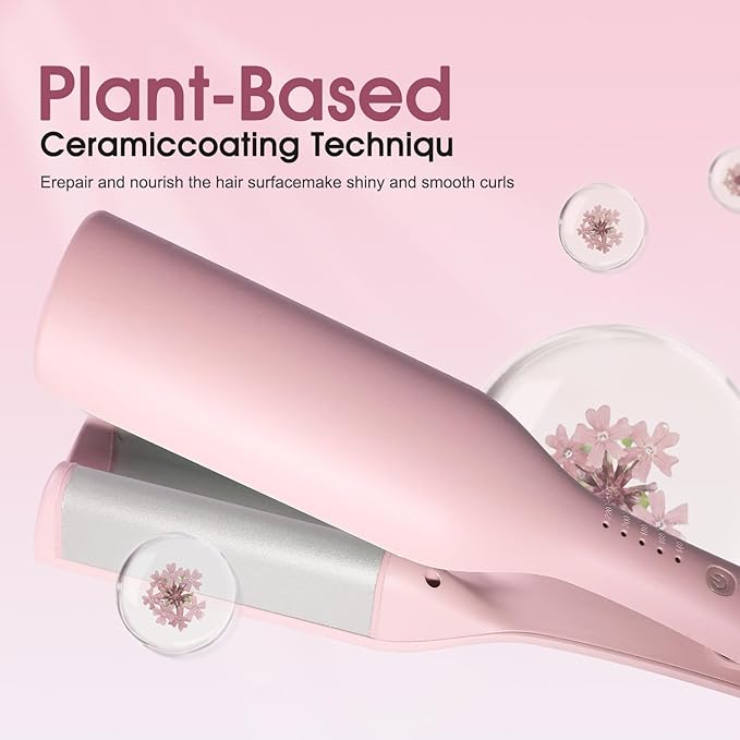 Beach Waves Curling Iron 1.4 Inch Double Barrel Waver Ceramic Wave Iron for Hair Beach Waver Hair Crimper for Women Anti-Scald Dual Voltage Wavy Iron Deep Wave Tool Pink