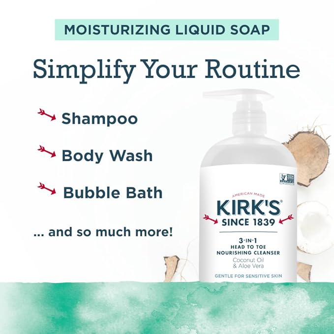 Kirk's 3-in-1 Head to Toe Nourishing Liquid Cleanser - for Men Women &amp Children - Premium Coconut Oil &amp Aloe Vera - Non GMO &amp Vegan - Mint and Eucalyptus - 32 Fl Oz. 2 pack