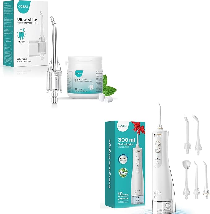 COSLUS Cordless Water Flosser &amp Dental Pick Advanced 10 Pressure Settings for Multiple Users + COSLUS Whitening Water Flosser Replacement Tips with 60 Pcs Mint Refills: Compatible with C20 (F5020E