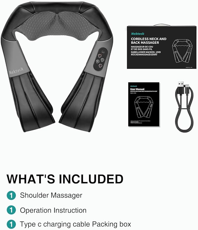 Nekteck Shiatsu Neck Massager with Heat for Pain Relief Deep Tissue 2026 Upgraded 3D Back Shoulder Kneading Massage Pillow Body Muscle Relaxation Tools Gifts for Him Her Black (Cordless)