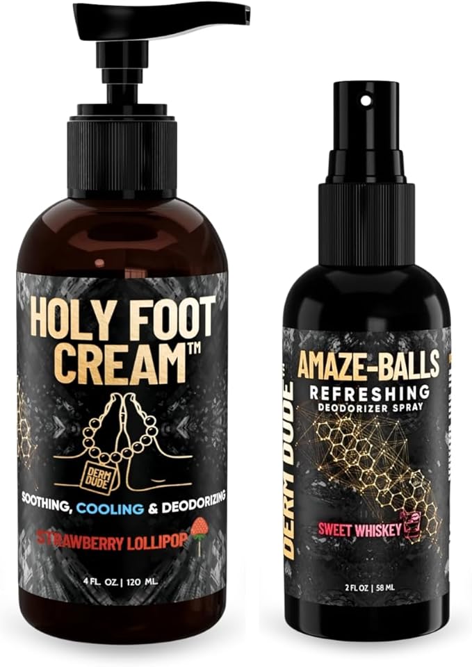 Derm Dude Men's Freshness Bundle | Amaze Ball Deodorant Spray 2oz (Sweet Whiskey Scent) + Holy Foot Cream 4oz (Strawberry Lollipop Scent)| Sweat &amp Odor Control for Groin and Feet | Talc-Free Non-