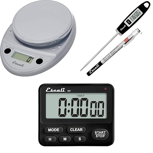 Escali Primo Bakers Bundle - P115C Digital Kitchen Scale Chrome 11 Pound Capacity DH1 Digital Thermometer Black and DR7 Digital Timer for Cooking and Baking