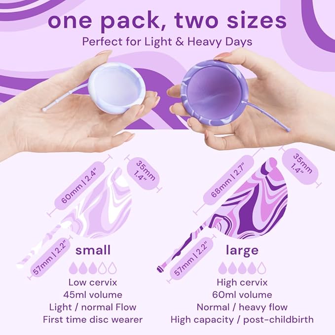 Comfydisc 2-Pack Menstrual Discs (S and L) with Pull-Off String and Water-Based Lube Bundle (4 Fl Oz) - Leak-Proof Body-Safe Silicone Discs and Personal Lube