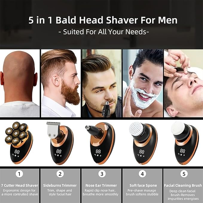 Head Shaver for Men 5 in 1 Men 7D Floating Men Electric Shaver Wet Dry Beard Hair Trimmer Electric Razor Rechargeable Bald Head Shaving Machine LCD Display