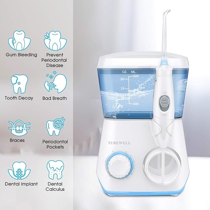 Water Flosser Oral Irrigator 600ML Teeth Cleaner 10 Adjustable Pressure Levels Electric for Teeth/Braces 8 Replacement Nozzles Suitable for Home Use(White)