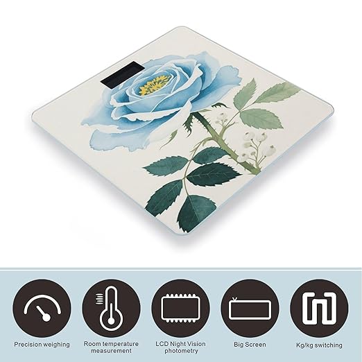 Watercolor Blue Flower Green Leaves Weight Scale Large Digital Bathroom Scales with Bright LED Display Non Slip Digital Scale and Step On Fashion Weighing Machine for Body