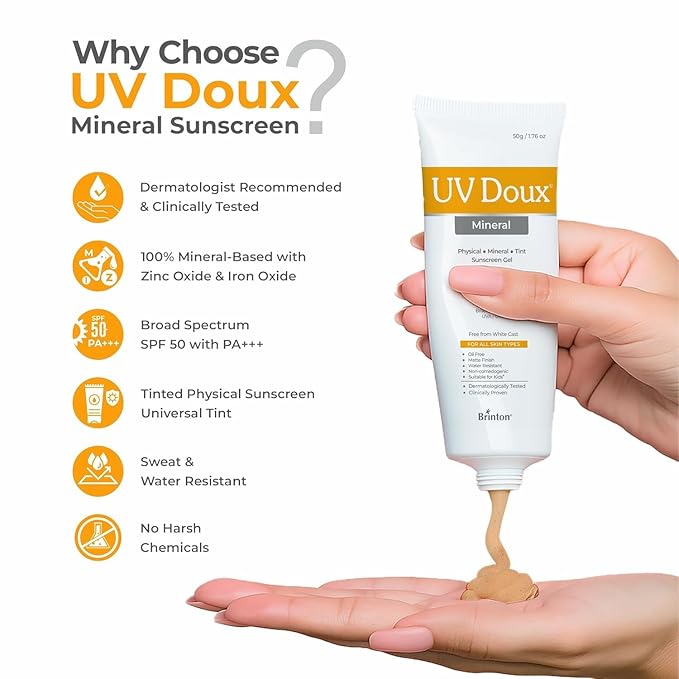 UV Doux Mineral Sunscreen SPF 50 PA+++ | Tinted Oil-Free Water Resistant No White Cast | Zinc &amp Iron Oxide | For Sensitive &amp Acne-Prone Skin Broad Spectrum 100% Mineral | Men Women 1.7oz P