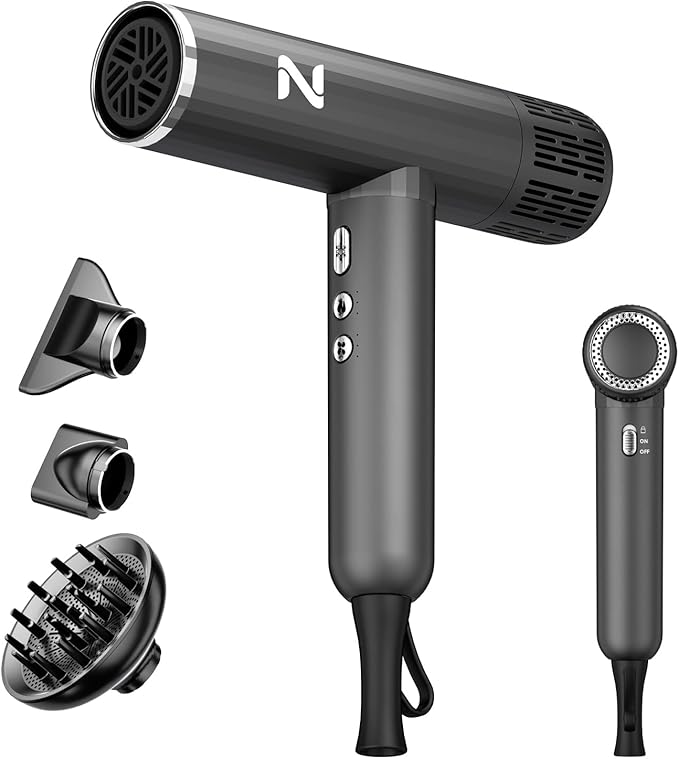 1600W professional ionic hair dryer with 3 attachments 110000RPM high-speed brushless motor for fast drying Lightweight low-noise with locking function 4 temperature and 3 speed settings