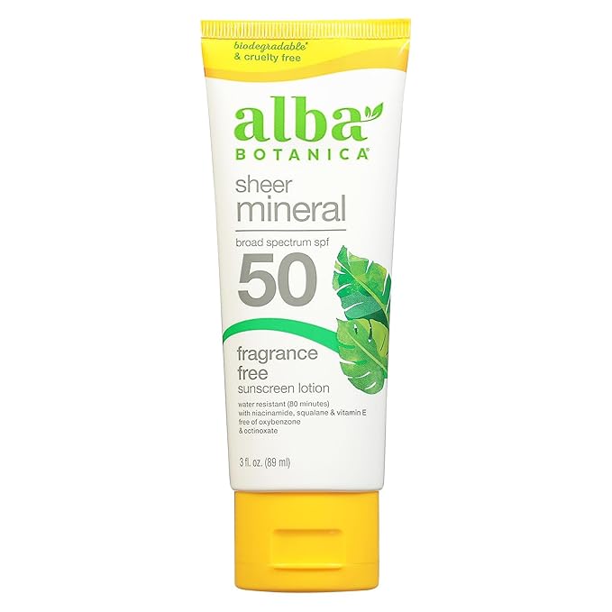 Alba Botanica Sunscreen for Face and Body Sport Mineral Sunscreen Lotion Broad Spectrum SPF 45 Water Resistant and Fragrance-Free 4 fl. oz. Tube (Pack of 4)