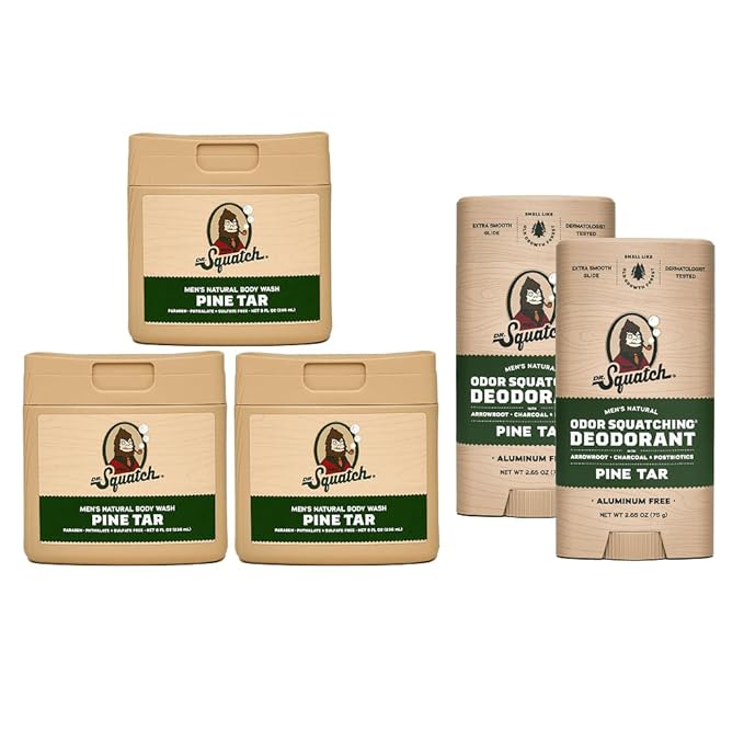 Dr. Squatch NEW Body Wash and Deodorant for Men Gift Set | No Paraben Phthalate Sulfate | Odor-Squatching Aluminum-Free | Pine Tar Body Wash (8 oz 3-Pack) &amp Deodorant (2.56 oz 2-Pack)