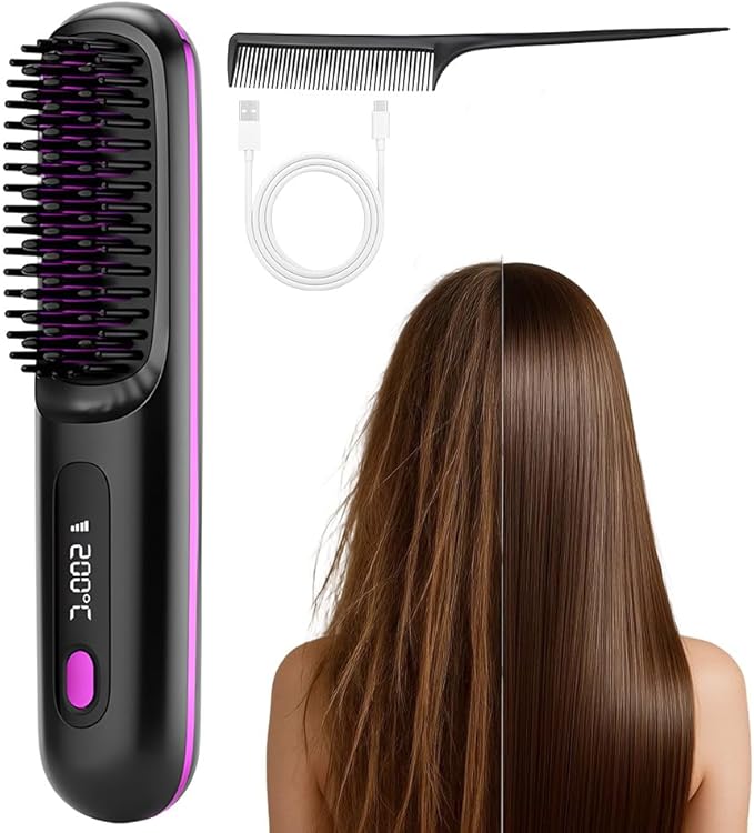 Go Brush for Short Hair 2026 Cordless Hair Straightener Brush Portable Hair Comb for Travel 3 Temps 30s Fast Heat Ionic &amp Ceramic Care for Frizz-Free Styling (Black)
