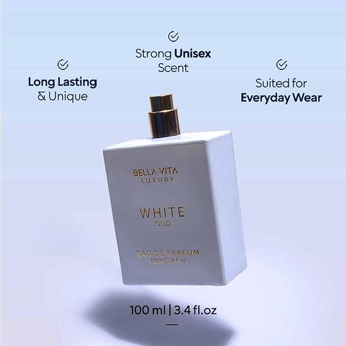 BellaVita Luxury White Oud Perfume &amp Body Wash Combo | Unisex Eau De Parfum with Orange Freesia &amp Woody Notes (100ml) + Exotic Oud Shower Gel with Aloe Vera (500ml) | Long-Lasting &amp Deep
