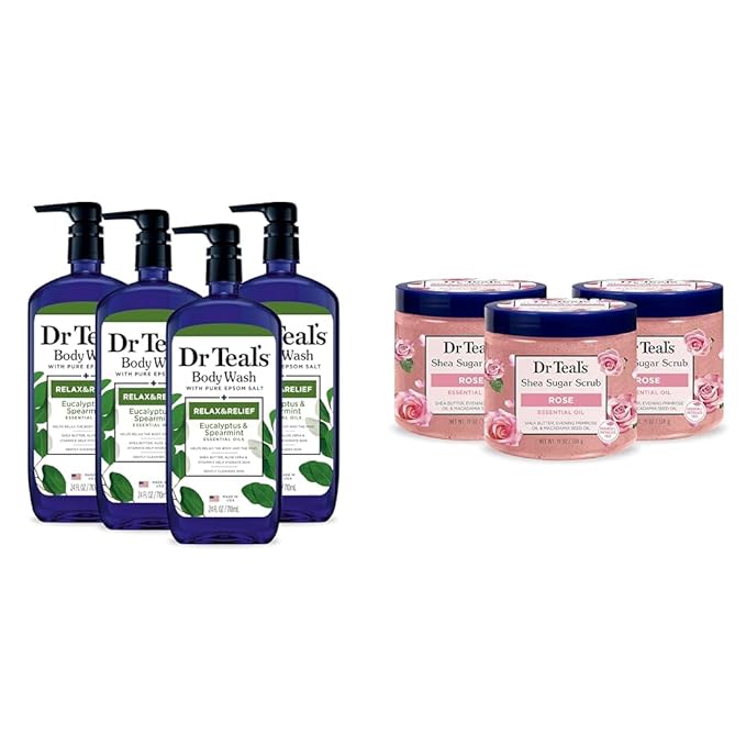 Dr Teal's Body Wash (Pack of 4) &amp Shea Sugar Body Scrub (Pack of 3) with Eucalyptus Spearmint &amp Rose