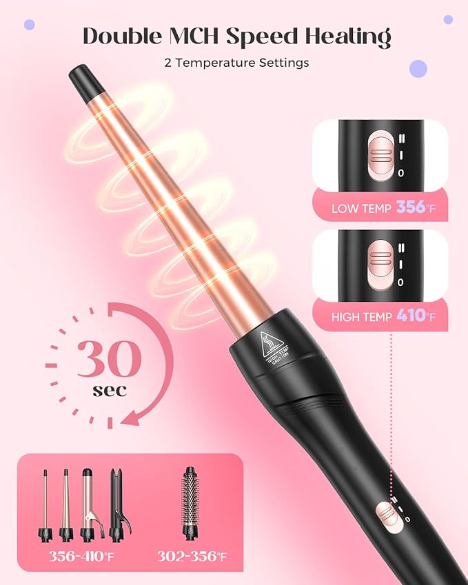 5 in 1 Curling Iron with Thermal Brush and 4 Interchangeable Ceramic Barrels(1/2 to 1 1/2 inch) Curling Wand Set with Flat Iron Fast Heating Dual Voltage Hair Curler Gifts for Women