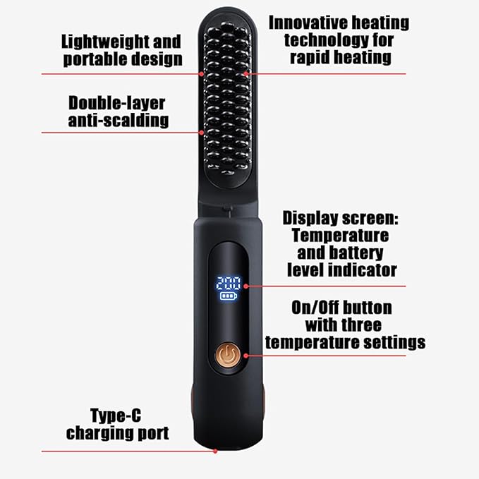 Cordless Hair Straightener - 2-in-1 Rechargeable Curler Brush with LED Display3 Temperature Settings Travel Hair Straightener | for Women Men Travel Beach Styling Salon Home