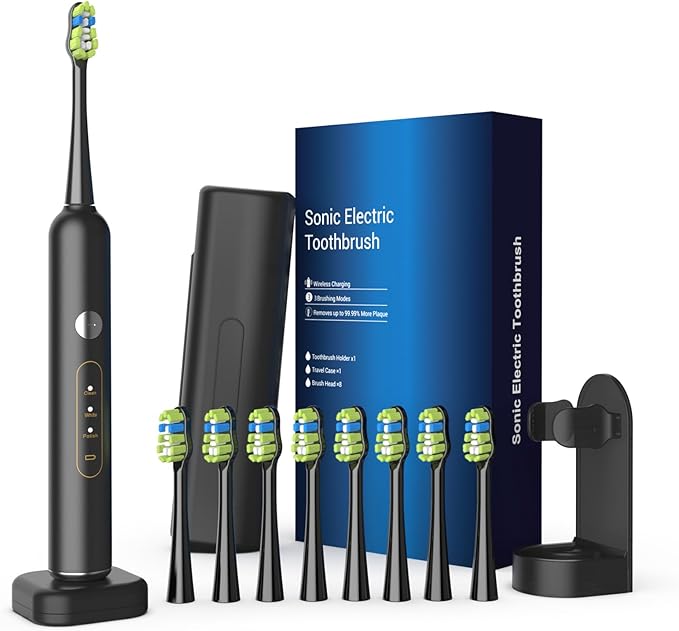 Electric Toothbrush for Adults Rechargeable Sonic Toothbrush IPX7 Waterproof Travel Toothbrush Set with Case 8 Brush Heads Charger 2-Min Smart Timer One Charge Last 60 Days(Pink Black)