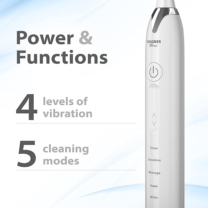 Wagner Stern Ultrasonic whitening Toothbrush with Pressure Sensor. 5 Brushing Modes and 4 Levels of Intensity 8 Soft bristles Travel case.