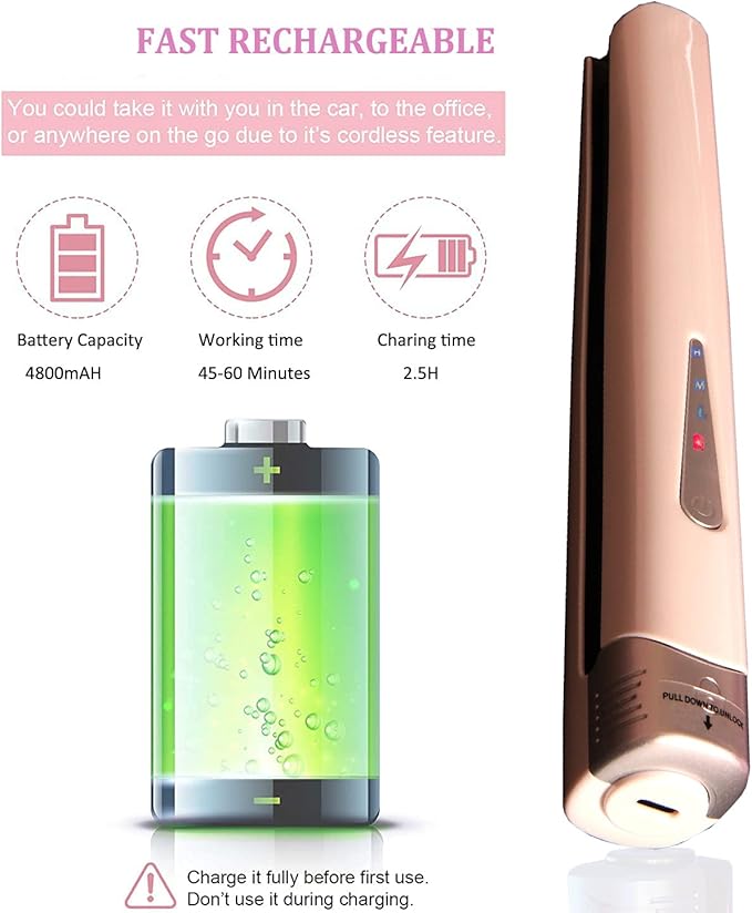Hair Straightener and Curler 2 in 1 Rechargeable Battery Operated Hair Straightener 4800mAhMini Size Easy CarryTitanium Plate Straightener Curling Iron (White)