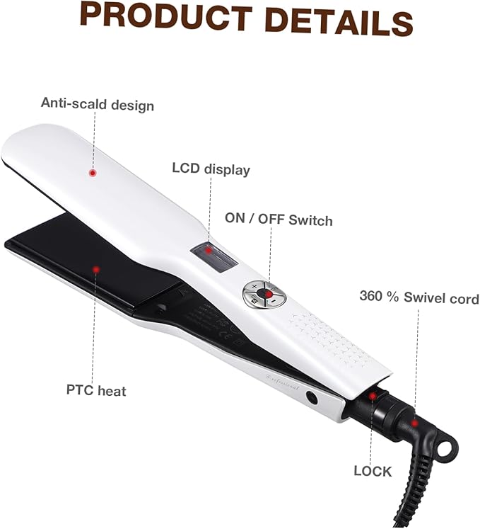 Baluue Ceramic Hair Straightener and Curler Flat Iron for Women US Plug Even Heating PTC Plates Temperature Suitable for All Hair Types Durable Lifespan Sleek White Design