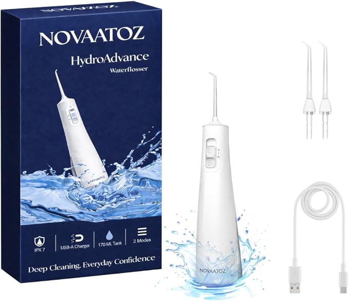 HydroAdvance Cordless Water Flosser for Teeth &amp Gums | Rechargeable Portable Oral Irrigator for Braces &amp Travel | Pulse Cleaning with 2 Flossing Tips | Waterproof Dental Care Device (White)