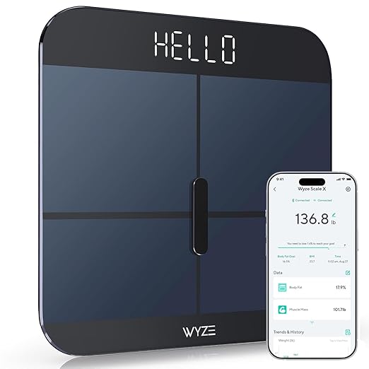 Wyze Smart Scale X - Digital Bathroom Scale for Body Weight BMI Body Fat Muscle Mass Heart Rate Monitor | Sync with Health Apps | for People Baby &amp Pet 400 lbs (Black)