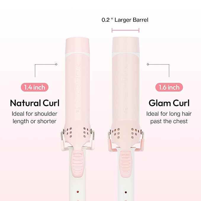 VODANA Professional GlamWave Ceramic Curling Iron 1.6 Inch Barrel Strawberry Cream Color Instant Heat Technology Natural Long-Lasting Curls