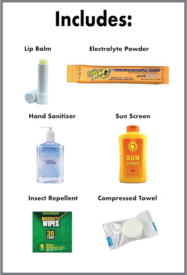 Golf Pack Single Use Portable Kit with Electrolye Powder Compressed Towel Lip Balm Insect Repellent Sun Screen &amp Hand Sanitizer