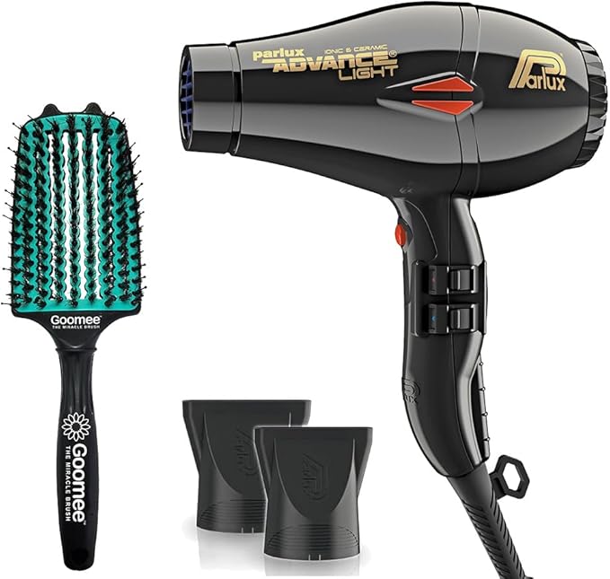 Parlux Advance Light Ionic and Ceramic Black Hair Dryer with Miracle Large Detangling Brush Mint Green – Lightweight Blow Dryer and Dual Bristle Brush for Smooth Shiny Frizz-Free Hair