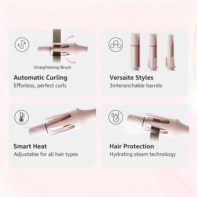 4-in-1 Automatic Curling Iron Set with 3 Interchangeable Barrels (1 1.2 1.5) &amp Straightener Comb Ionic Hair Curler for Waves and Straight Styles Anti-Scald 3 Temperature SettingsTangle-Fr
