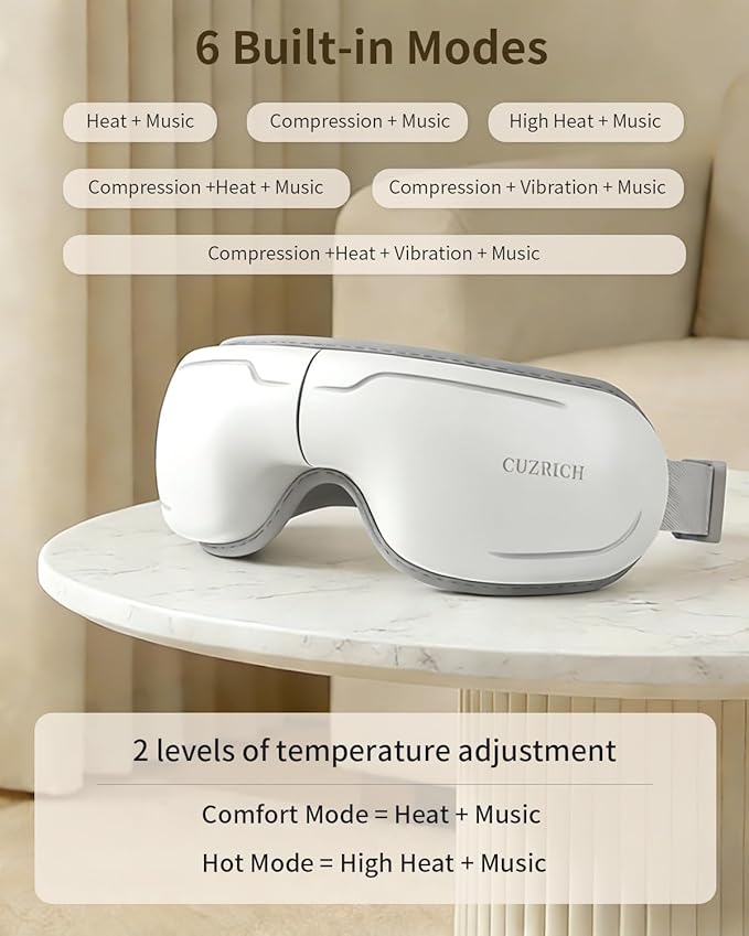 Eye Massager with Heat and Compression - Classic White Heated Eye Mask with Vibration Bluetooth Music 6 Modes Rechargeable 1200mAh Battery for Eye Strain Dry Eyes Migraines Relief