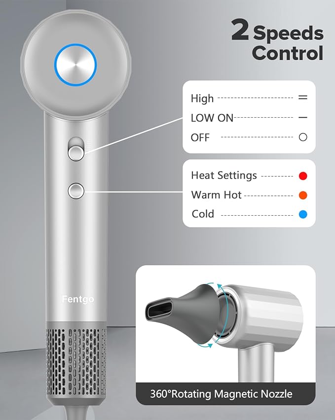 FENTGO Negative Ionic High Speed Hair Dryer Professional Brushless Blow Dryer for Fast Drying 2 Speeds &amp 4 Temps Thermo-Control Lightweight &amp Quiet Hairdryer for Home &amp Travel