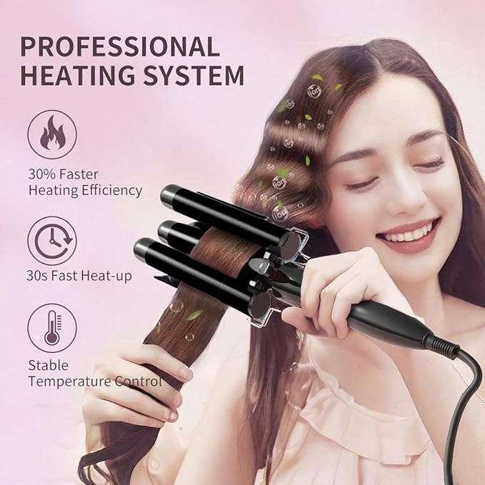 3 Barrel Curling Iron 1 Inch 2 Temp Settings (356°F/410°F) Hair Waver for Women Fast Heating 60s Ceramic Coating &amp Negative Ions for Frizz-Free Shiny Beach Waves Black
