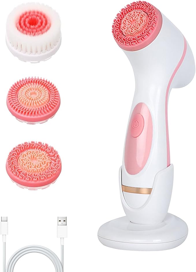 Facial Cleansing Brush 3in1 Silicone Face Scrubber Waterproof Facial Scrubber for Deep Cleansing Rechargeable Face Exfoliation Brush with 2 Adjustable Speeds Face Spin Brush for Women Men (Pink)