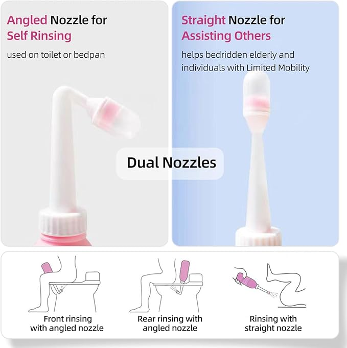 Peri Bottle for Elderly Handheld: Angled &amp Straight Nozzles 17oz Ideal for Feminine Hygiene Perineal Cleansing and Hemorrhoid Treatment (Pink)