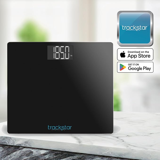 Trackstar Wide-Platform Black Digital Weight Scale | 550 lb Weight Capacity | Trackstar Monitoring App | Bluetooth iOS &amp Android Compatible | Measure Track and Share Results