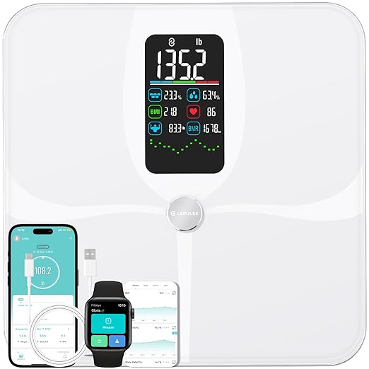 Lepulse Smart Weight Scale With BMI Body Fat Muscle Mass 4.68 Large Display With Trend High Accurate 22 Composition Scale With Heart Rate Bathroom Scale With App White