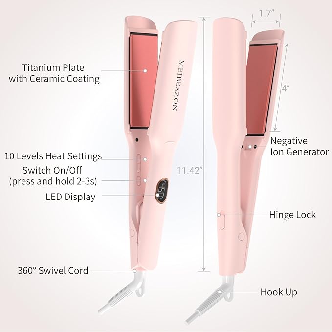 Flat Iron Hair Straightener – 1.7”Wide Ceramic Plate with Negative Ionic Technology Digital Temp Control &amp Dual Voltage for Curly/Thick/Coily Hair
