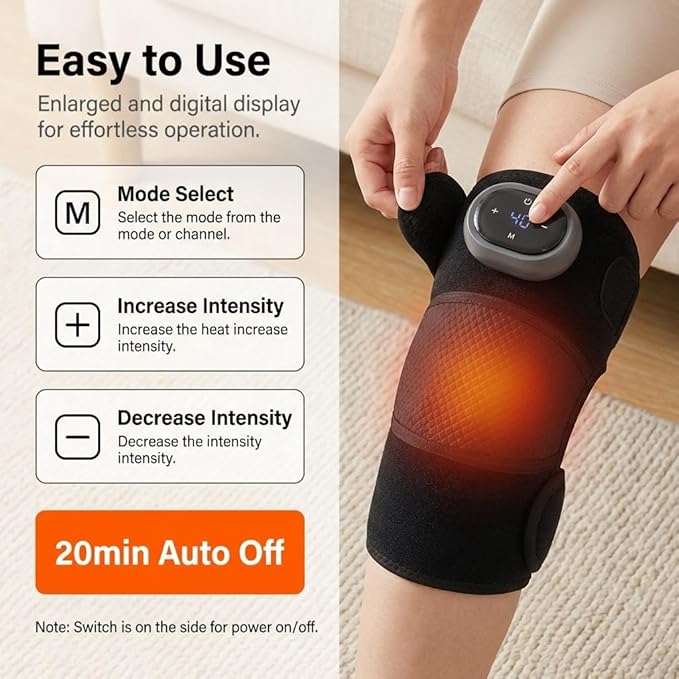 3-in-1 Heated Vibration Massager Cordless Wrap for Knee Shoulder Elbow 5 Heat Levels 3 Modes Adjustable Velcro Brace with Wormwood Pack Rechargeable Ideal Gift for Mom Dad