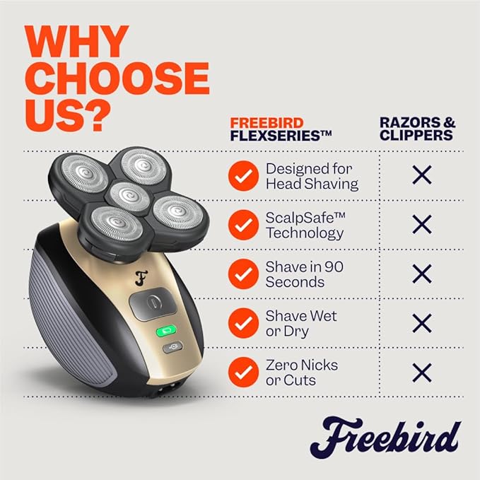 Freebird FlexSeries Electric Head &amp Body Hair Shaver - Mens Cordless Rechargeable Wet/Dry Skull Bald Head Back &amp Groin Waterproof Razor with Rotary Blades Clippers Nose Trimmer Brush Massa