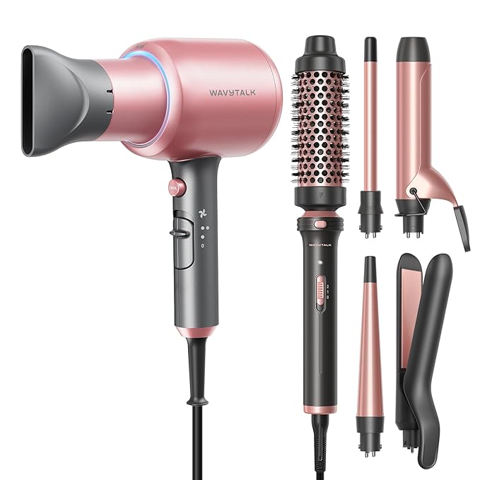 Wavytalk Blown Away Ionic Hair Dryer for Curly Hair with Diffuser and 5 in 1 Curling Iron Set with Thermal Brush and 4 Interchangeable Ceramic Curling Wands (0.5'-1.25')