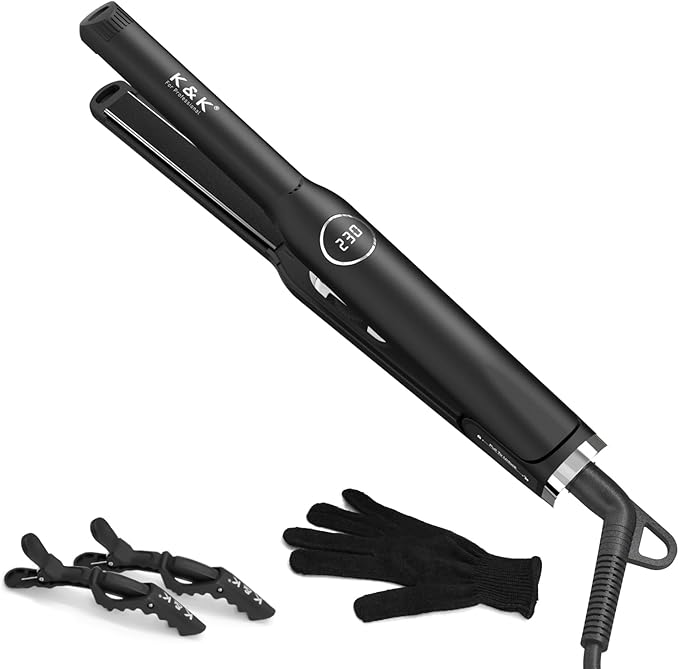 K&ampK Flat Iron Small Mini Tourmaline Titanium Hair Straightener 0.5 inch Plate 4D 360°Swivel LED Display for Woman Short Hair Adjustable Temperature Dual Voltage Auto Shut Off(Black)