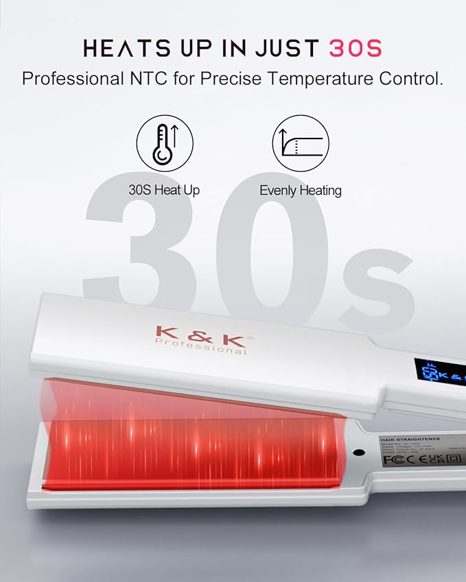 K&ampK Nano Hair Straighteners Wide Plates Adavance Ceramic Coated Plates Digital Display Ultra-Fast Heat Up Auto Safety Shut Off Plancha De Pelo Dual Voltage UK Plug for Thick Hair