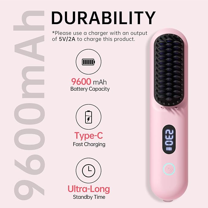 2Pcs Numoya GoBrush Pro 2025 Cordless Hair Straightener Brush for Short Hair Portable Travel Hair Straightener Cepillo Alisador De Cabello 9 Temp Settings 9600mAh Rechargeable (Pink)