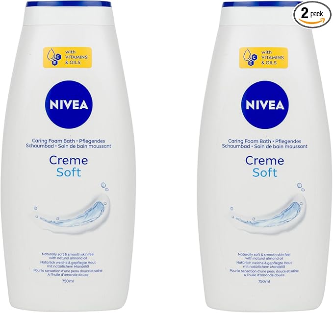 NIVEA Cream Soft Care Bath with Almond Oil 750 ml – Moisturizing Foam Bath for All Skin Types Gentle Fragrance Biodegradable &amp Microplastic-Free Formula Long-Lasting Creamy Lather Pack of 2