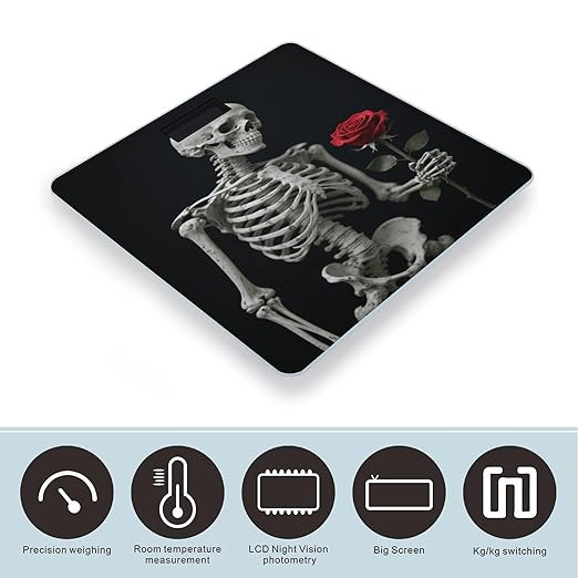 Skeleton Holding A Red Rose Bathroom Scale for Body Weight LCD Display Digital Bathroom Scale Tempered Glass Bathroom Weight Scales Fashion Smart Scales for Home Bedroom 400 Lb