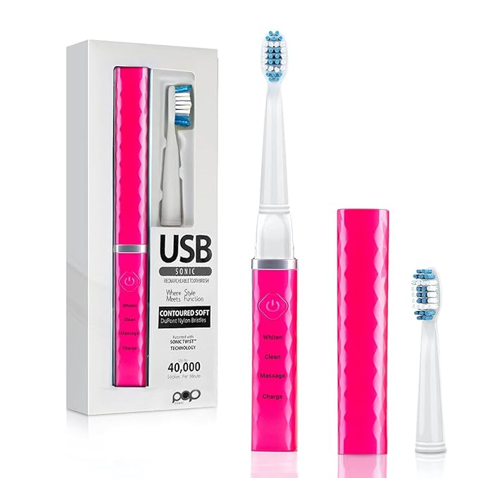 Pop Sonic USB Charge Anywhere Toothbrush (Pink) - Rechargeable Toothbrush w/Up to 40000 Brush Strokes/Minute -Long-Lasting Dupont Nylon Bristles -Teens &amp Adult with Quadrant Pacer